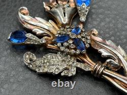 VTG Art Deco Blue Faux Sapphire Rhinestone Crystal Flower Spray Brooch Pin READ