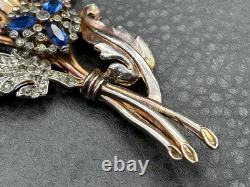 VTG Art Deco Blue Faux Sapphire Rhinestone Crystal Flower Spray Brooch Pin READ