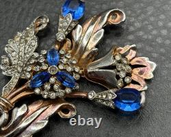 VTG Art Deco Blue Faux Sapphire Rhinestone Crystal Flower Spray Brooch Pin READ