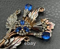 VTG Art Deco Blue Faux Sapphire Rhinestone Crystal Flower Spray Brooch Pin READ