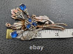 VTG Art Deco Blue Faux Sapphire Rhinestone Crystal Flower Spray Brooch Pin READ