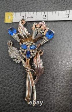 VTG Art Deco Blue Faux Sapphire Rhinestone Crystal Flower Spray Brooch Pin READ