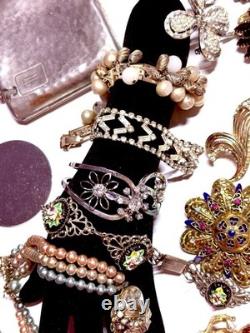 VTG As Is Costume Jewelry Lot Antique Brooches Bracelets Flask/Cigarette Case ++