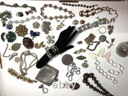 VTG As Is Costume Jewelry Lot Antique Brooches Bracelets Flask/Cigarette Case ++