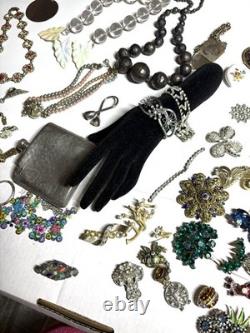VTG As Is Costume Jewelry Lot Antique Brooches Bracelets Flask/Cigarette Case ++