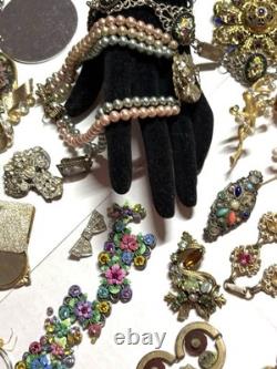 VTG As Is Costume Jewelry Lot Antique Brooches Bracelets Flask/Cigarette Case ++