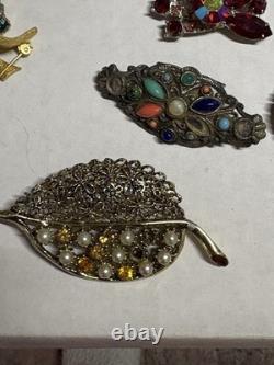 VTG As Is Costume Jewelry Lot Antique Brooches Bracelets Flask/Cigarette Case ++