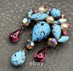 VTG Austrian Glass Faux Turquoise Speckle Rhinestone Dangle Brooch Pendant