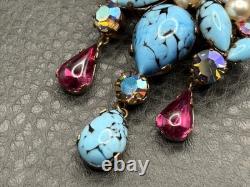 VTG Austrian Glass Faux Turquoise Speckle Rhinestone Dangle Brooch Pendant