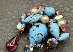 VTG Austrian Glass Faux Turquoise Speckle Rhinestone Dangle Brooch Pendant
