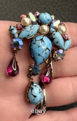 VTG Austrian Glass Faux Turquoise Speckle Rhinestone Dangle Brooch Pendant