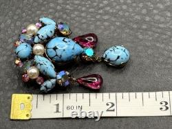 VTG Austrian Glass Faux Turquoise Speckle Rhinestone Dangle Brooch Pendant