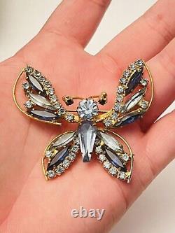 VTG Butterfly Pin Brooch Trembler Crystal rhinestone Blue Rare Weiss Juliana