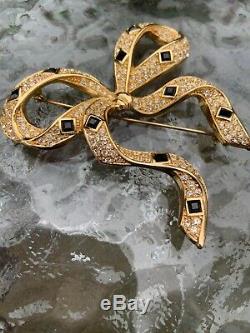 VTG Christian Dior Signed Bow Pin Brooch French Couture Rhinestone Gold Massive