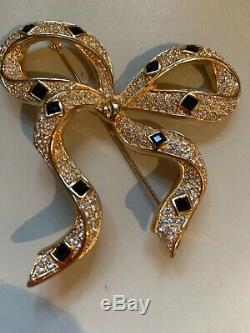 VTG Christian Dior Signed Bow Pin Brooch French Couture Rhinestone Gold Massive