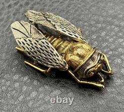 VTG Cicada Insect Fly Brooch Gold Tone Silver Tone Mixed Metal Rhinestone Pin