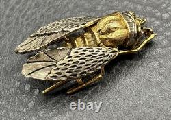 VTG Cicada Insect Fly Brooch Gold Tone Silver Tone Mixed Metal Rhinestone Pin