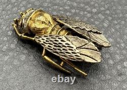 VTG Cicada Insect Fly Brooch Gold Tone Silver Tone Mixed Metal Rhinestone Pin
