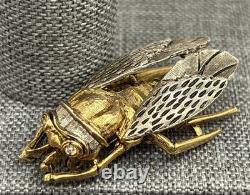 VTG Cicada Insect Fly Brooch Gold Tone Silver Tone Mixed Metal Rhinestone Pin