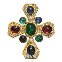 VTG Ciner Maltese Cross Brooch Pendant Gold Tone Glass Stone & Rhinestones READ