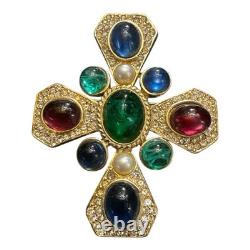 VTG Ciner Maltese Cross Brooch Pendant Gold Tone Glass Stone & Rhinestones READ