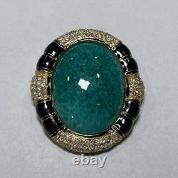 VTG Ciner Peking Green Glass Brooch Cabochon Gold Black Rhinestone, 2.25x1.75