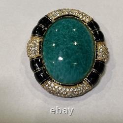 VTG Ciner Peking Green Glass Brooch Cabochon Gold Black Rhinestone, 2.25x1.75