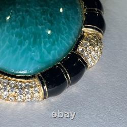 VTG Ciner Peking Green Glass Brooch Cabochon Gold Black Rhinestone, 2.25x1.75
