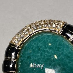 VTG Ciner Peking Green Glass Brooch Cabochon Gold Black Rhinestone, 2.25x1.75