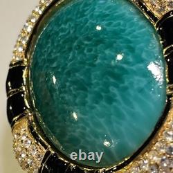 VTG Ciner Peking Green Glass Brooch Cabochon Gold Black Rhinestone, 2.25x1.75