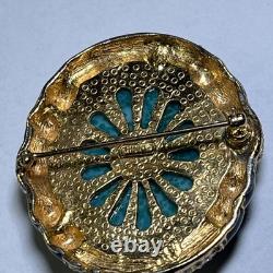 VTG Ciner Peking Green Glass Brooch Cabochon Gold Black Rhinestone, 2.25x1.75