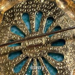 VTG Ciner Peking Green Glass Brooch Cabochon Gold Black Rhinestone, 2.25x1.75