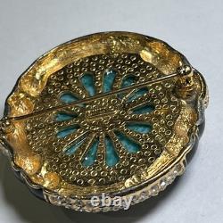 VTG Ciner Peking Green Glass Brooch Cabochon Gold Black Rhinestone, 2.25x1.75