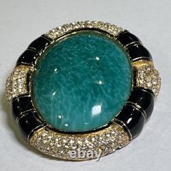 VTG Ciner Peking Green Glass Brooch Cabochon Gold Black Rhinestone, 2.25x1.75