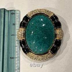 VTG Ciner Peking Green Glass Brooch Cabochon Gold Black Rhinestone, 2.25x1.75