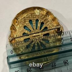 VTG Ciner Peking Green Glass Brooch Cabochon Gold Black Rhinestone, 2.25x1.75
