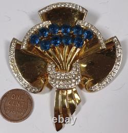 VTG Coro Corocraft Gold Plated Sterling Silver Floral Bow Blue Rhinestone Brooch