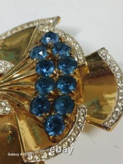 VTG Coro Corocraft Gold Plated Sterling Silver Floral Bow Blue Rhinestone Brooch