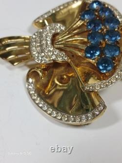 VTG Coro Corocraft Gold Plated Sterling Silver Floral Bow Blue Rhinestone Brooch