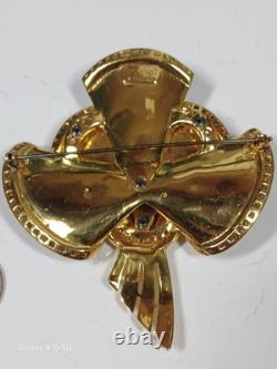 VTG Coro Corocraft Gold Plated Sterling Silver Floral Bow Blue Rhinestone Brooch