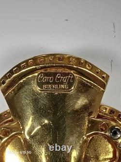 VTG Coro Corocraft Gold Plated Sterling Silver Floral Bow Blue Rhinestone Brooch