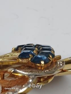 VTG Coro Corocraft Gold Plated Sterling Silver Floral Bow Blue Rhinestone Brooch