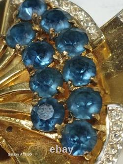 VTG Coro Corocraft Gold Plated Sterling Silver Floral Bow Blue Rhinestone Brooch