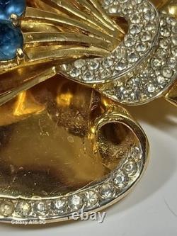 VTG Coro Corocraft Gold Plated Sterling Silver Floral Bow Blue Rhinestone Brooch