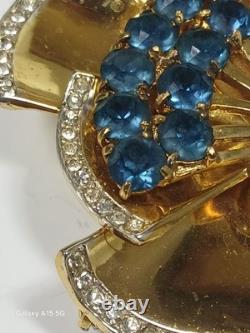 VTG Coro Corocraft Gold Plated Sterling Silver Floral Bow Blue Rhinestone Brooch