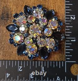 VTG D&E Juliana Sapphire Blue & Aurora Borealis Tiered Rhinestone Brooch