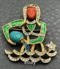 VTG DeNicola Aquarius Zodiac Brooch Pin Enamel Rhinestone Figural Water Bearer