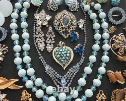 VTG Designer Blue Tone Rhinestone Brooch Necklace Earrings Lot Trifari Lisner