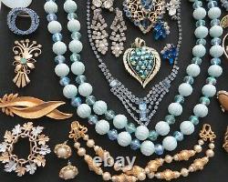 VTG Designer Blue Tone Rhinestone Brooch Necklace Earrings Lot Trifari Lisner
