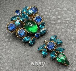 VTG Dog Tooth Prong Blue Green Rhinestone Cupcake Setting Brooch Dangle REPAIR